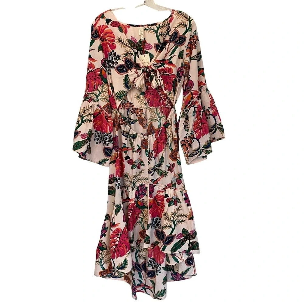Raga Floral Cutout Bell Sleeve High Low Midi Dress Pink Multi R4561 Womens M NEW